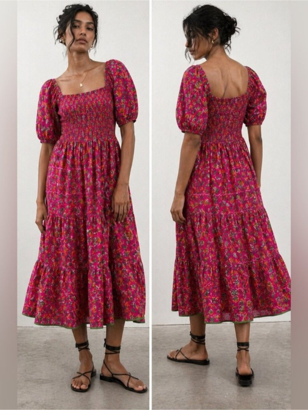 LÉA Pink Floral Smocked Midi Dress Puff Sleeve Size 1X